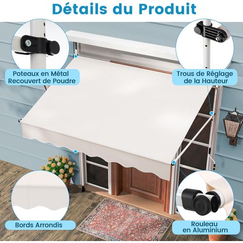 Store Banne Manuel Rétractable De 2 X 1,2/1,35/1,5m, Hauteur Réglable 210-300cm (blanc)