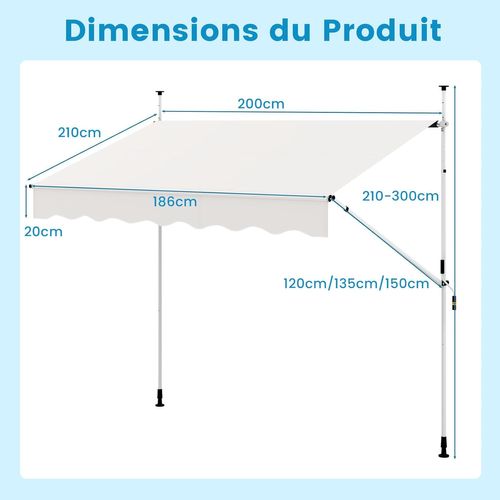 Store Banne Manuel Rétractable De 2 X 1,2/1,35/1,5m, Hauteur Réglable 210-300cm (blanc)