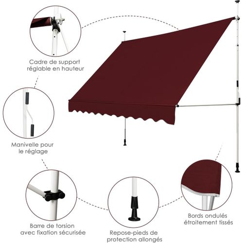 Store Banne Manuel Rétractable De 3 X 1,25m Avec Manivelle Hauteur Réglable 200-300cm (rouge)