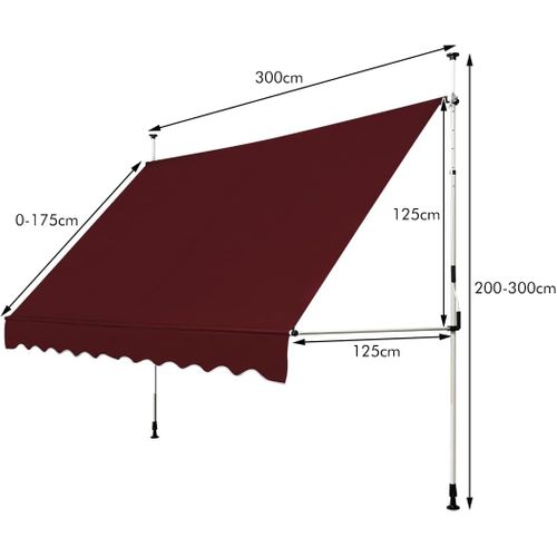 Store Banne Manuel Rétractable De 3 X 1,25m Avec Manivelle Hauteur Réglable 200-300cm (rouge)