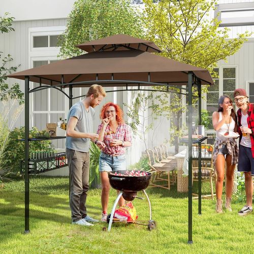 Tonnelle De Barbecue 242 X 153 Cm Avec 2 Etagères Latérales, Abri Cadre En Métal，brun