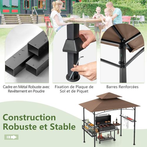 Tonnelle De Barbecue 242 X 153 Cm Avec 2 Etagères Latérales, Abri Cadre En Métal，brun