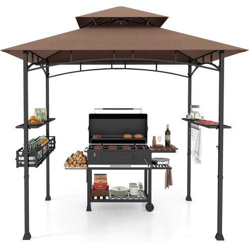 Tonnelle De Barbecue 242 X 153 Cm Avec 2 Etagères Latérales, Abri Cadre En Métal，brun