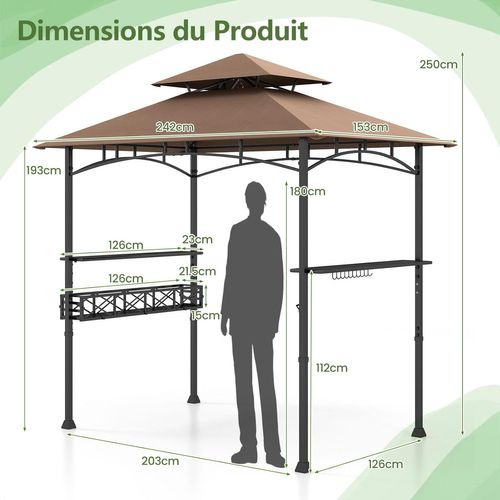 Tonnelle De Barbecue 242 X 153 Cm Avec 2 Etagères Latérales, Abri Cadre En Métal，brun