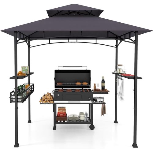 Tonnelle De Barbecue 242 X 153 Cm Avec 2 Etagères Latérales, Abri Cadre En Métal,gris Foncé