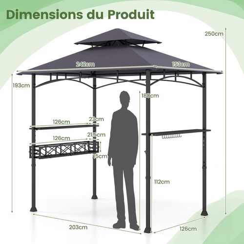 Tonnelle De Barbecue 242 X 153 Cm Avec 2 Etagères Latérales, Abri Cadre En Métal,gris Foncé