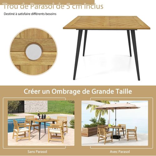 Table De Jardin En Bois D'acacia Pour 4 Personnes, Table Avec Trou Pour Parasol 5 Cm,naturel