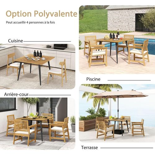 Table De Jardin En Bois D'acacia Pour 4 Personnes, Table Avec Trou Pour Parasol 5 Cm,naturel