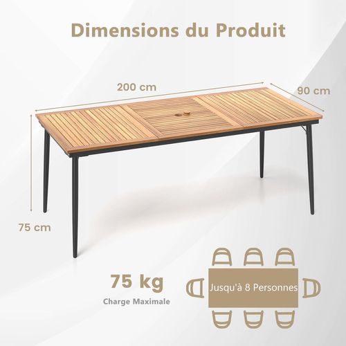 Table De Jardin 200 Cm Pour 8 Personnes, Table Exterieur Avec Trou De Parasol Dia.5 Cm