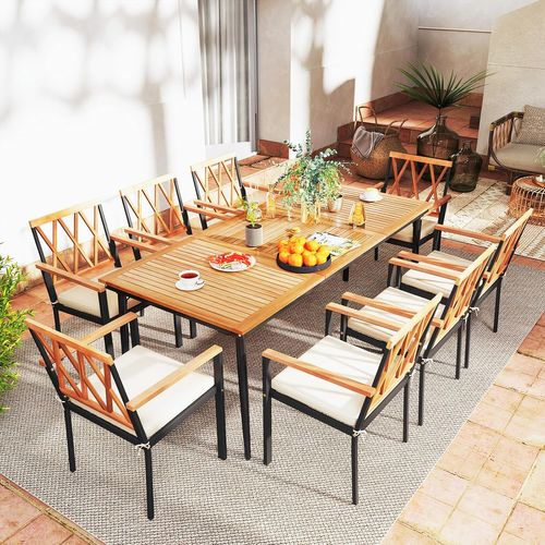 Table De Jardin 200 Cm Pour 8 Personnes, Table Exterieur Avec Trou De Parasol Dia.5 Cm