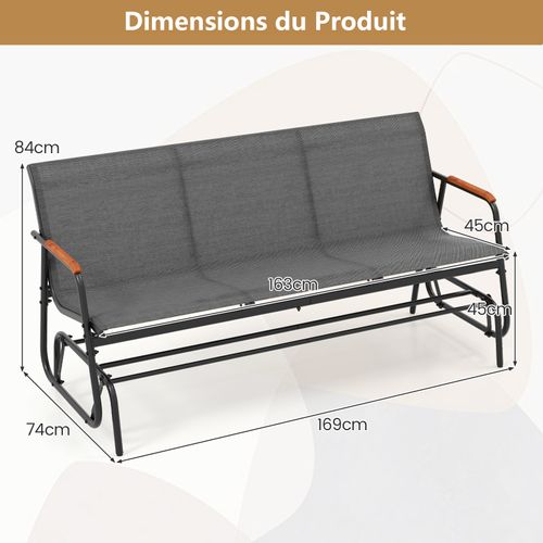 Banc Exterieur Jardin à Bascule, Banc De Jardin, Charge 450 Kg, Pour 3 Personnes (169 × 74 × 84 Cm)