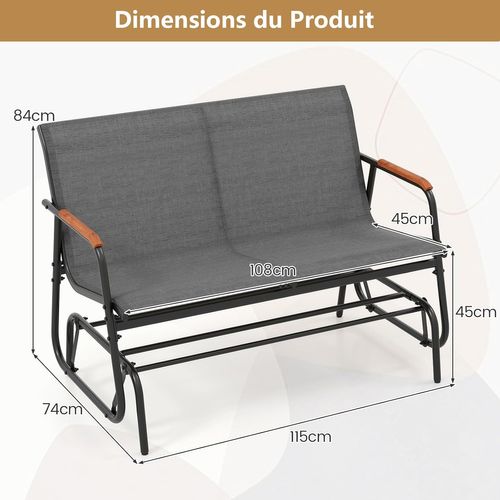 Banc Exterieur Jardin à Bascule, Banc De Jardin, Charge 300 Kg, Cadre En Métal (115 × 74 × 84 Cm)