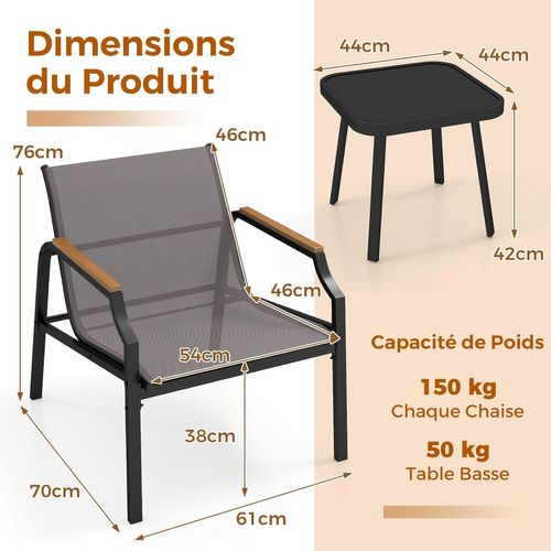Salon De Jardin 3 Pièces Tissu Respirant Charge 150kg, Ensemble De Meubles De Patio