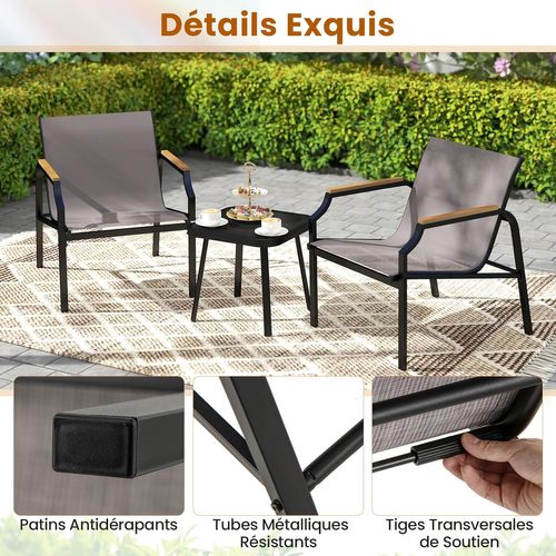 Salon De Jardin 3 Pièces Tissu Respirant Charge 150kg, Ensemble De Meubles De Patio
