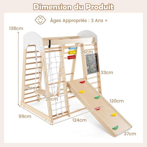 7 En 1 Aire De Jeux Intérieure En Bois Enfant Avec Tableau Noir et Balançoire, Pour Bébé De 3 Ans+
