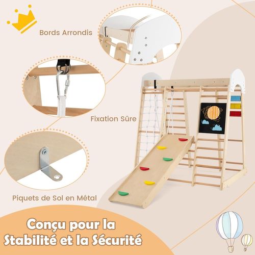 7 En 1 Aire De Jeux Intérieure En Bois Enfant Avec Tableau Noir et Balançoire, Pour Bébé De 3 Ans+