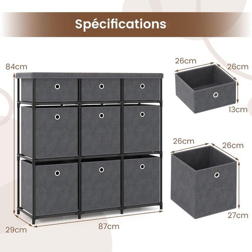 Commode Tissu Tiroirs,commode Chambre Rangement Cubique,plateau Bois,cadre En Métal(9 Tiroirs,gris)