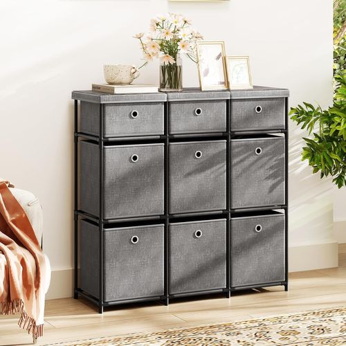 Commode Tissu Tiroirs,commode Chambre Rangement Cubique,plateau Bois,cadre En Métal(9 Tiroirs,gris)