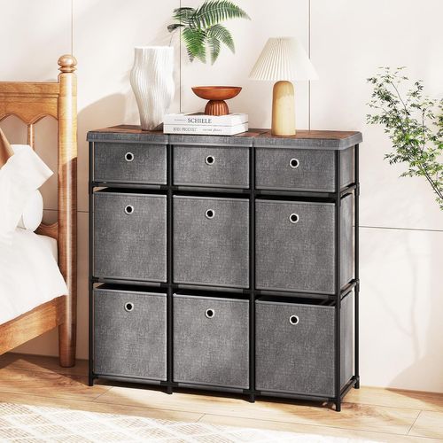 Commode Tissu Tiroirs,commode Chambre Rangement Cubique,plateau Bois,cadre En Métal(9 Tiroirs,gris)