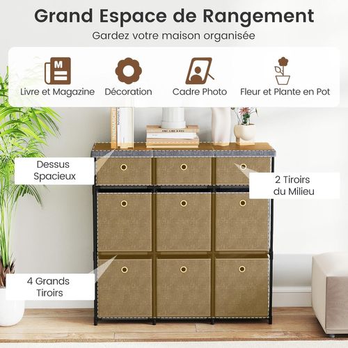 Commode Tissu Tiroirs,commode Chambre Rangement Cubique,plateau Bois,cadre En Métal(9 Tiroirs,gris)