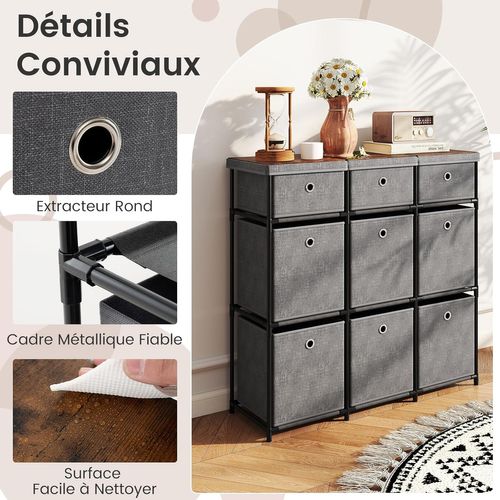 Commode Tissu Tiroirs,commode Chambre Rangement Cubique,plateau Bois,cadre En Métal(9 Tiroirs,gris)