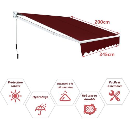 Store Banne Manuel Rétractable De 245 X 200cm Angle Ajustable 40°-100°, Auvent De Terrasse (rouge)