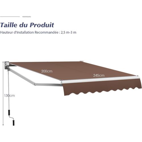 Store Banne Manuel Rétractable De 245 X 200cm Angle Ajustable 40°-100°, Auvent De Terrasse  (marron)
