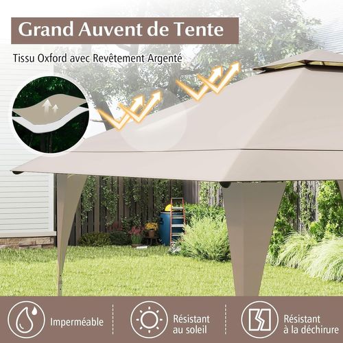 Tonnelle De Jardin Pop-up Toit Aéré 395x395cm, Tente Réception Instantané, Kaki