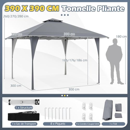 Tonnelle De Jardin Pop-up Toit Aéré 395x395cm, Tente Réception Instantané (gris)