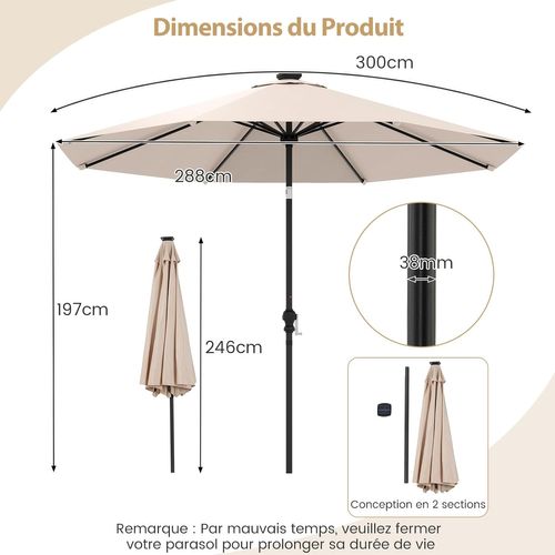 Parasol De Jardin Exterieur 300 Cm, 96 Lumières LED , Inclinaison à Bouton-poussoir (beige)