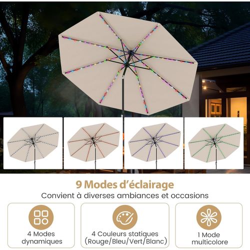 Parasol De Jardin Exterieur 300 Cm, 96 Lumières LED , Inclinaison à Bouton-poussoir (beige)