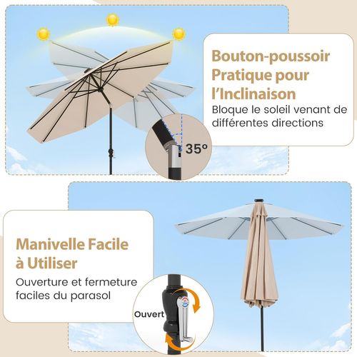 Parasol De Jardin Exterieur 300 Cm, 96 Lumières LED , Inclinaison à Bouton-poussoir (beige)