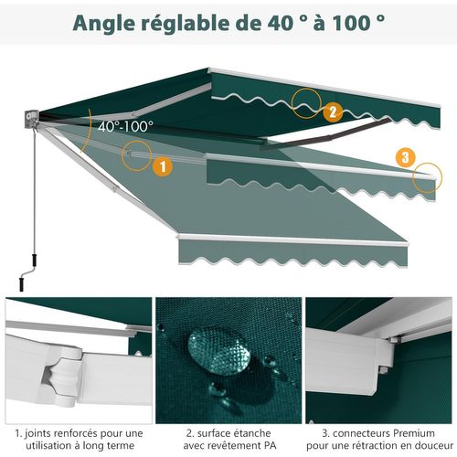 Store Banne Manuel Rétractable De 295 X 250cm Angle Ajustable 40°-100°, Auvent De Terrasse (vert)