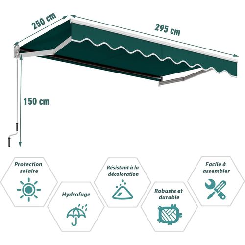 Store Banne Manuel Rétractable De 295 X 250cm Angle Ajustable 40°-100°, Auvent De Terrasse (vert)