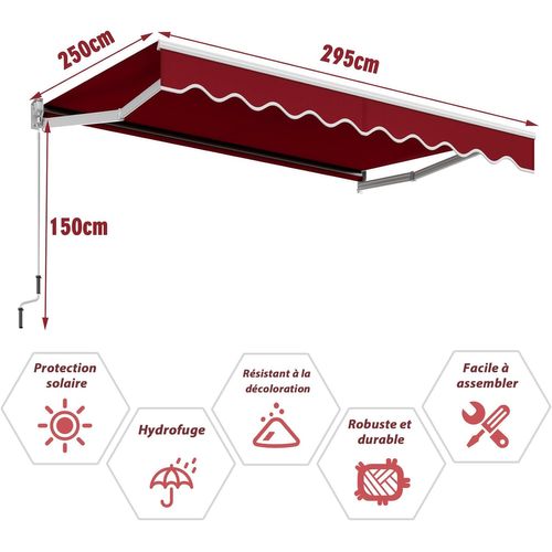 Store Banne Manuel Rétractable De 295 X 250cm Angle Ajustable 40°-100°, Auvent De Terrasse (rouge)