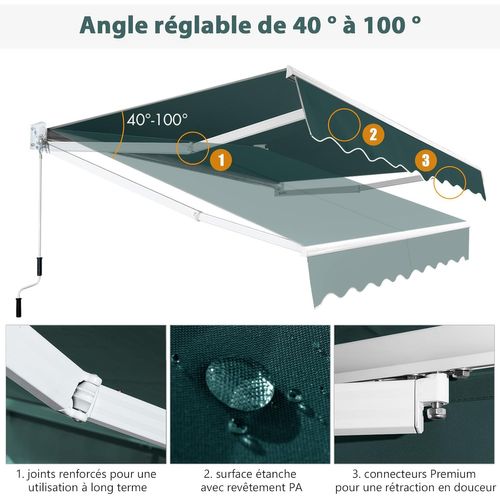 Store Banne Manuel Rétractable De 245 X 200cm Angle Ajustable 40°-100°, Auvent De Terrasse  (vert)