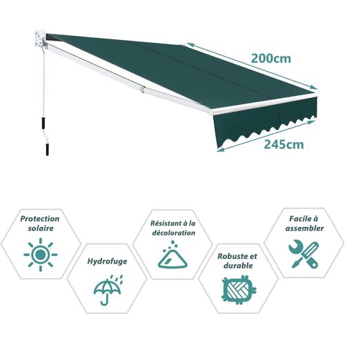 Store Banne Manuel Rétractable De 245 X 200cm Angle Ajustable 40°-100°, Auvent De Terrasse  (vert)