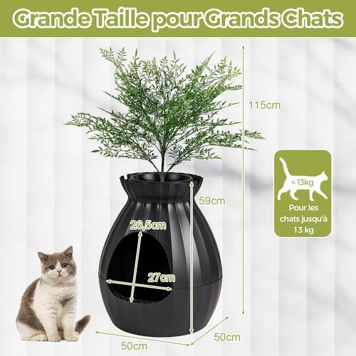 Bac Litiere Pour Chat XXL Avec Plante Artificielle Verte, Galets, Pelle à Litière (noir)
