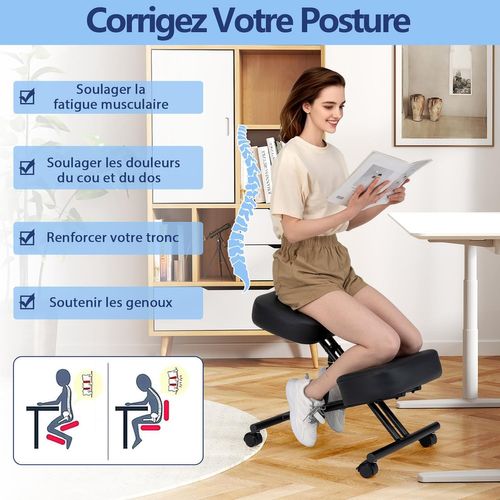 Chaise à Genoux Ergonomique Rembourrée, Siege Assis Genoux Réglable Avec Roues Verrouillables, Noir