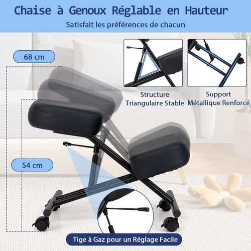 Chaise à Genoux Ergonomique Rembourrée, Siege Assis Genoux Réglable Avec Roues Verrouillables, Noir