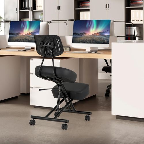 Chaise à Genoux Ergonomique Avec Dossier, Siege Assis Genoux Réglable Avec Roues, Noir