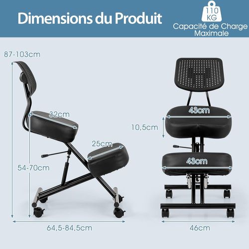 Chaise à Genoux Ergonomique Avec Dossier, Siege Assis Genoux Réglable Avec Roues, Noir