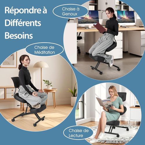Chaise à Genoux Ergonomique Avec Dossier, Siege Assis Genoux Réglable Avec Roues, Noir