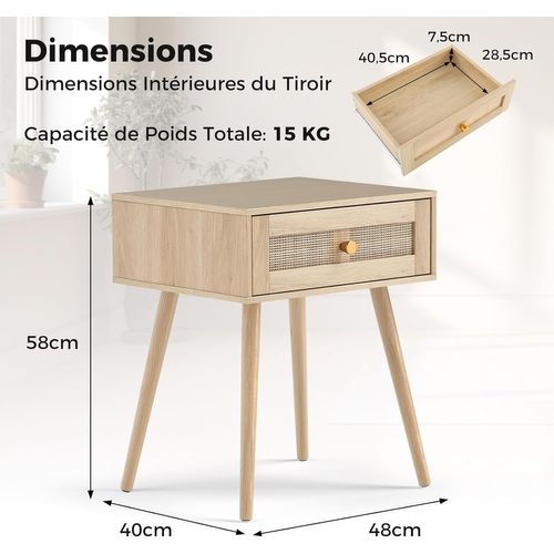 Table De Chevet Bois, Table De Nuit En Rotin Avec Tiroir, 4 Pieds En Pin, Style Bohème(1,naturel)