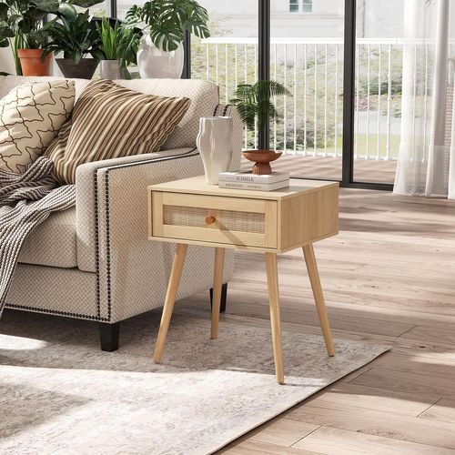 Table De Chevet Bois, Table De Nuit En Rotin Avec Tiroir, 4 Pieds En Pin, Style Bohème(1,naturel)