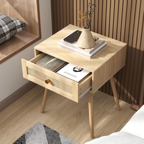 Table De Chevet Bois, Table De Nuit En Rotin Avec Tiroir, 4 Pieds En Pin, Style Bohème(1,naturel)