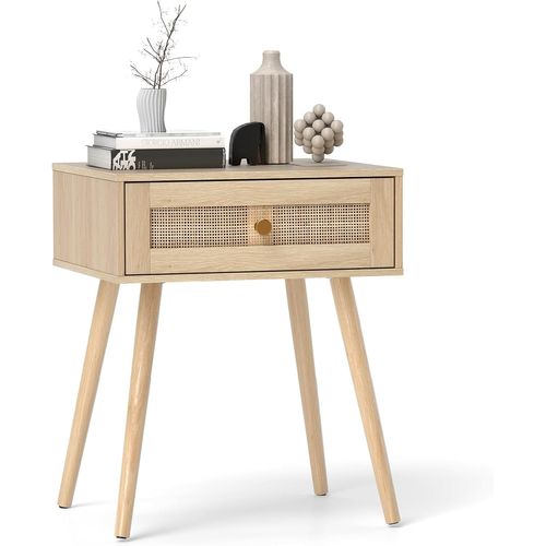 Table De Chevet Bois, Table De Nuit En Rotin Avec Tiroir, 4 Pieds En Pin, Style Bohème(1,naturel)