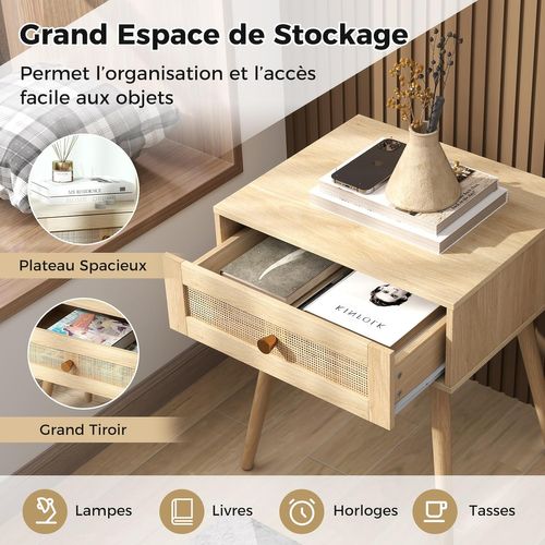 Table De Chevet Bois, Table De Nuit En Rotin Avec Tiroir, 4 Pieds En Pin, Style Bohème(1,naturel)