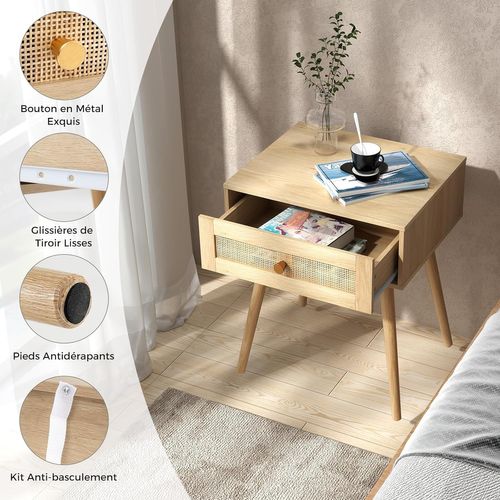 Table De Chevet Bois, Table De Nuit En Rotin Avec Tiroir, 4 Pieds En Pin, Style Bohème(1,naturel)
