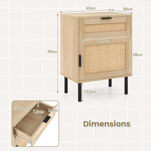 Table De Chevet Cannage,table De Nuit Bois Avec Tiroir,4 Pieds En Métal,chevet De Lit Rotin(naturel)